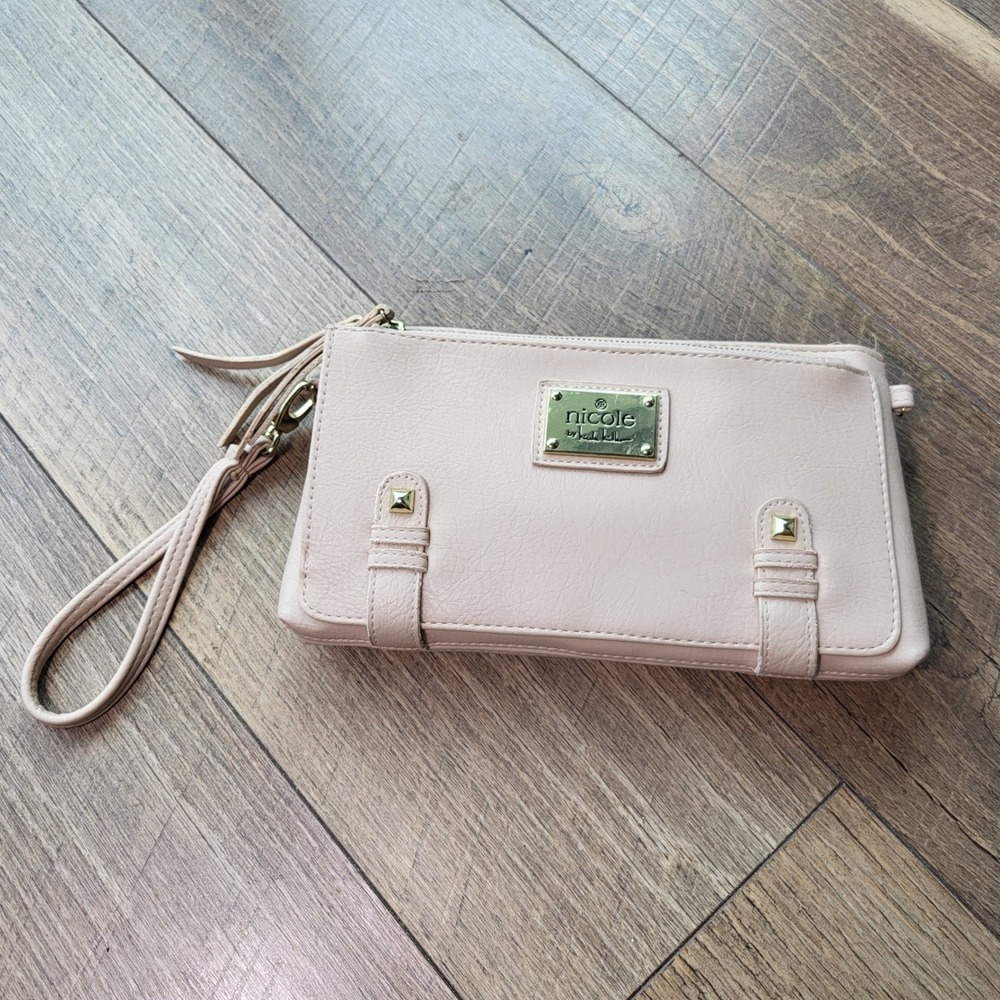 Nicole by Nicole Miller Blush Pink Wristlet Clutch Bag Gold Hardware Studded